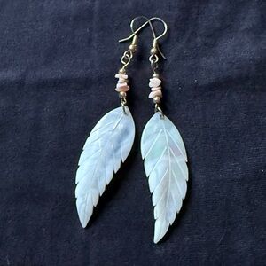 Elegant Feather pearl shell Earrings with Pink Accents